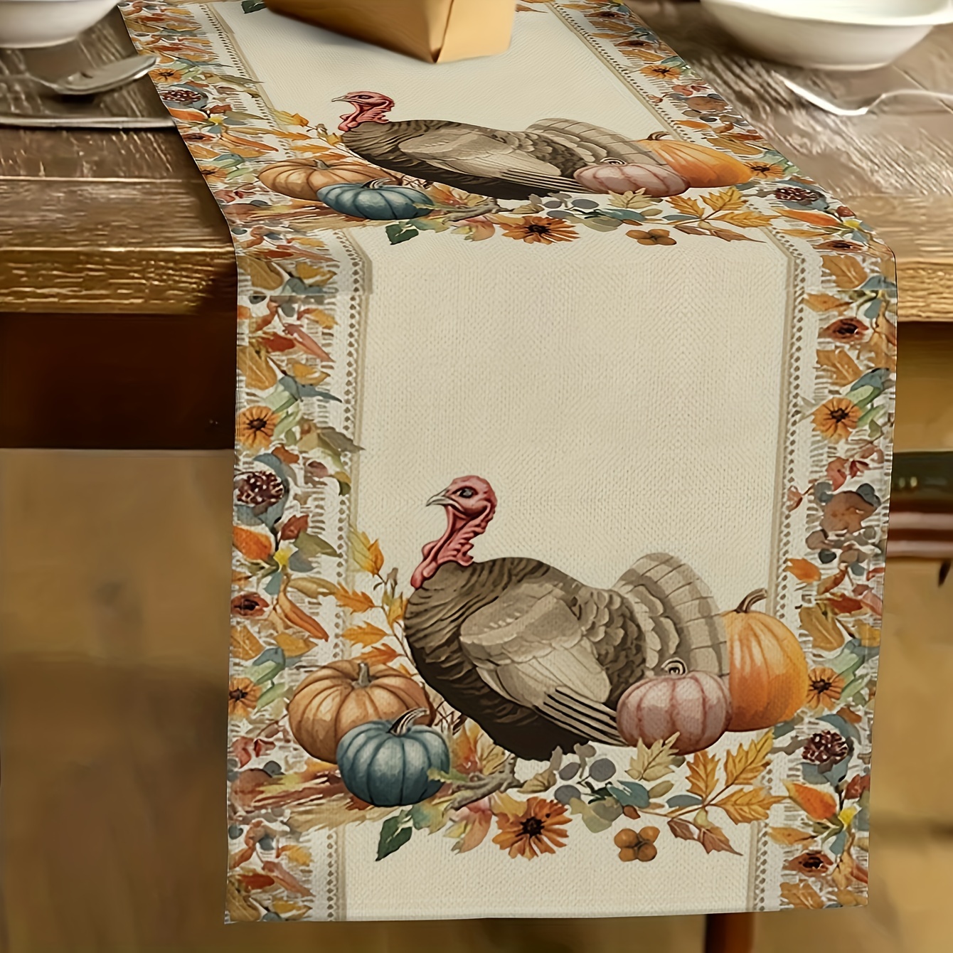 

Thanksgiving Turkey Table Runner - Polyester, Rectangular, Woven Design For Indoor/outdoor Dining & Home Parties