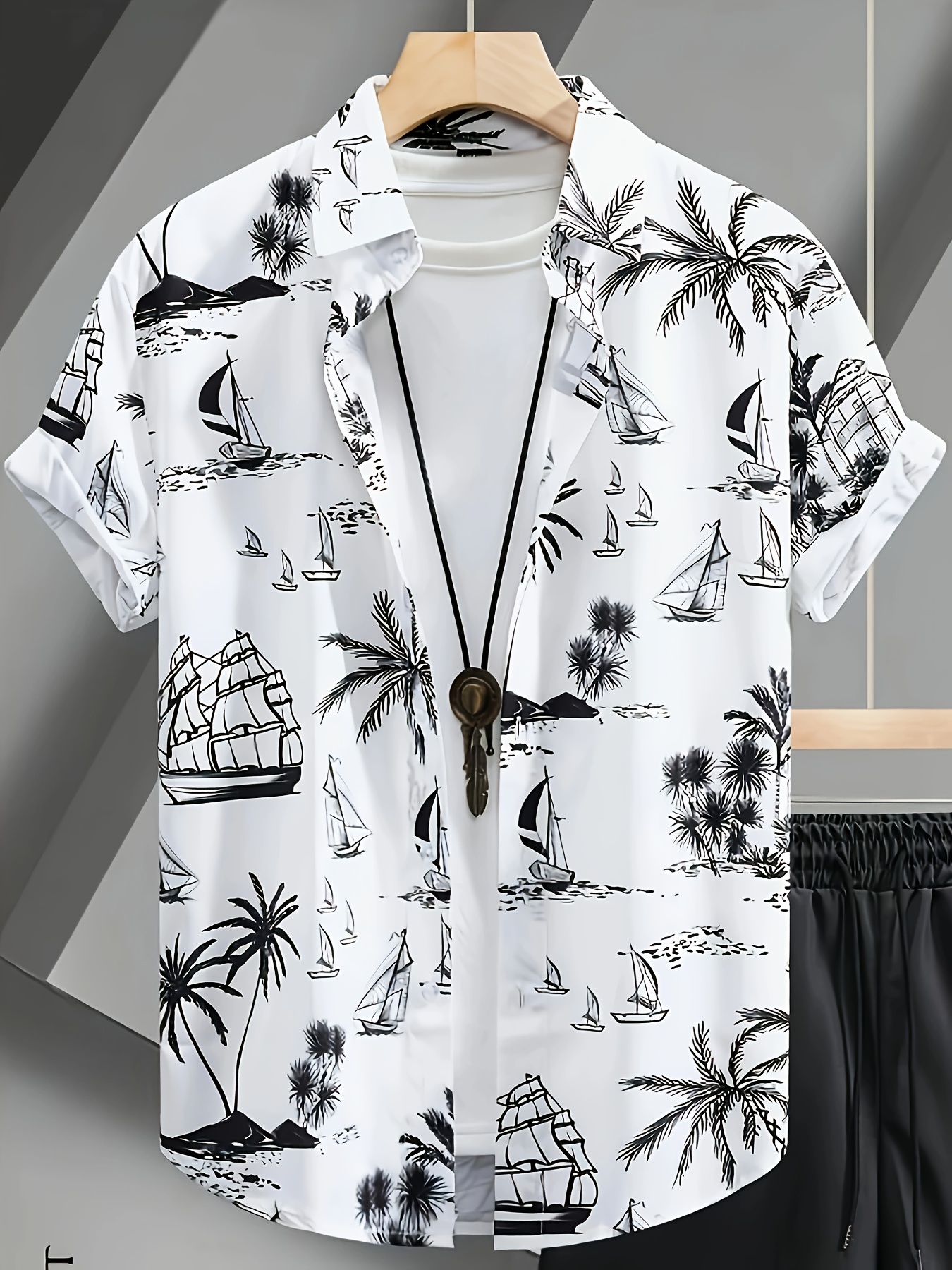 men's summer casual short sleeve shirt jacket tropical print
