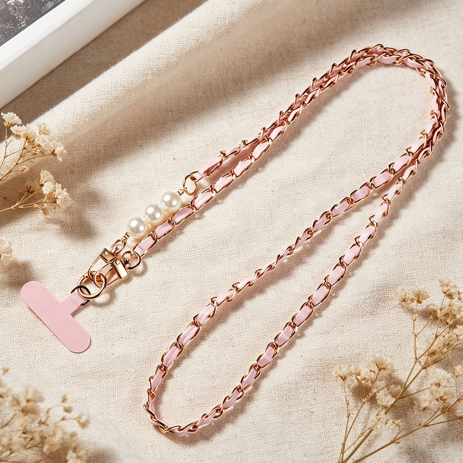 TEMU Crossbody Phone Lanyard With Pearl Decor, Metal & Pu Leather Woven Phone Strap, Universal Anti-lost Phone Chain For Women, Detachable Neck Strap