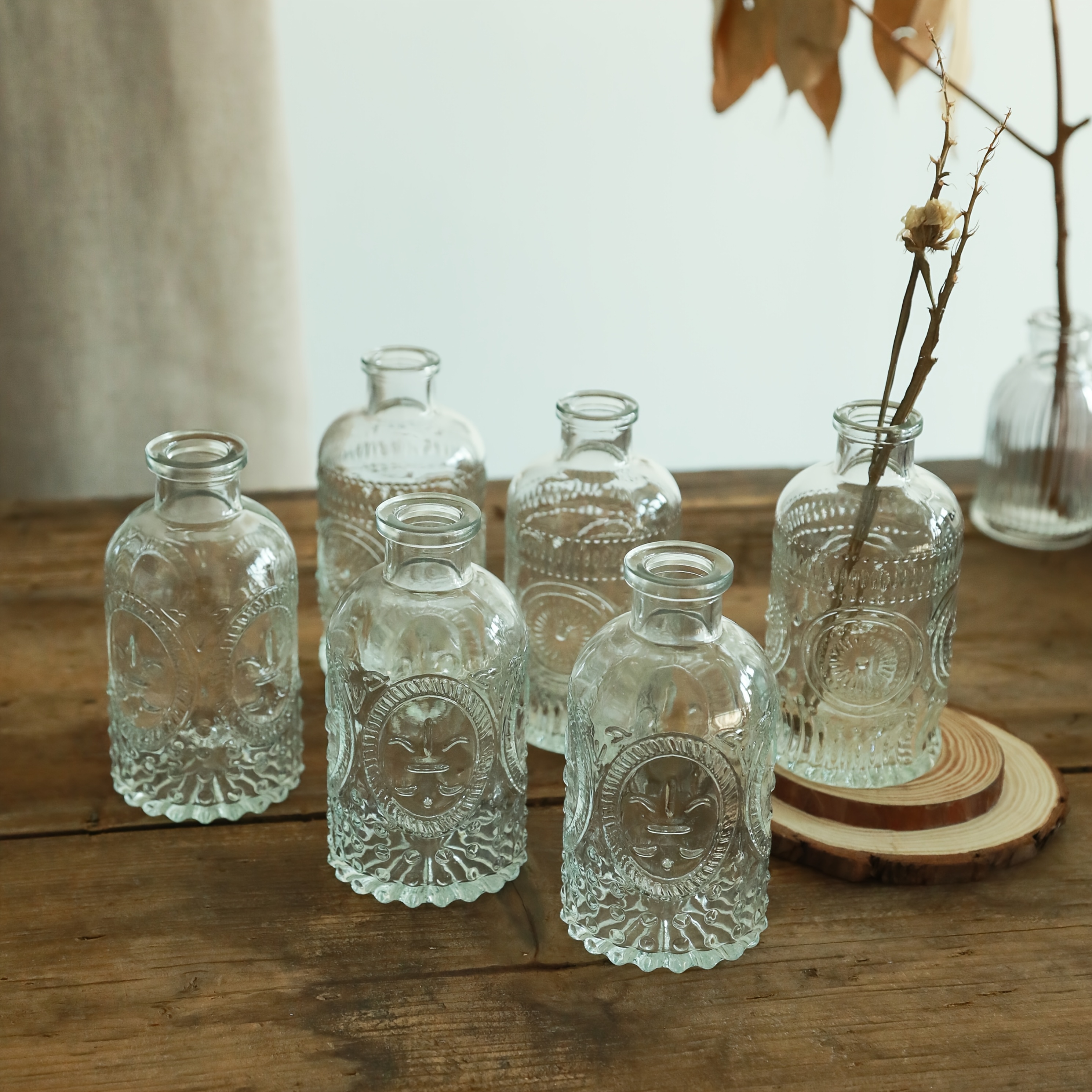 Image of Glass Bud Vase Set Of 6, Small Flower Vases For Wedding Table Decoration, Transparent Vintage Embossed Mini Vases, Used For Party Or Home Decor