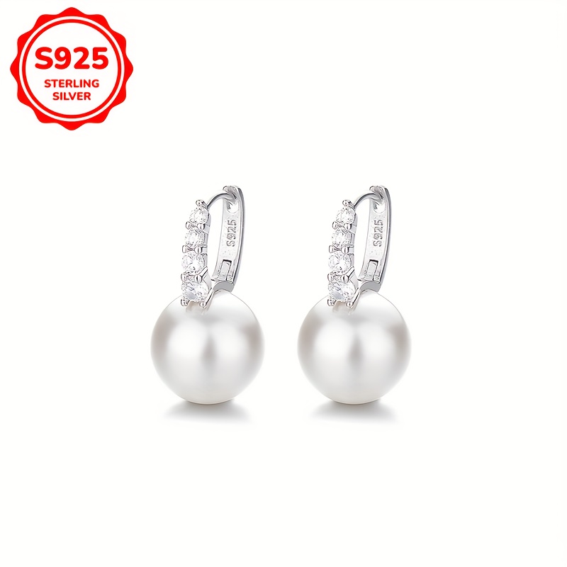 Women's 925 Silver Minimalist Imitation Pearl Hoop Earrings