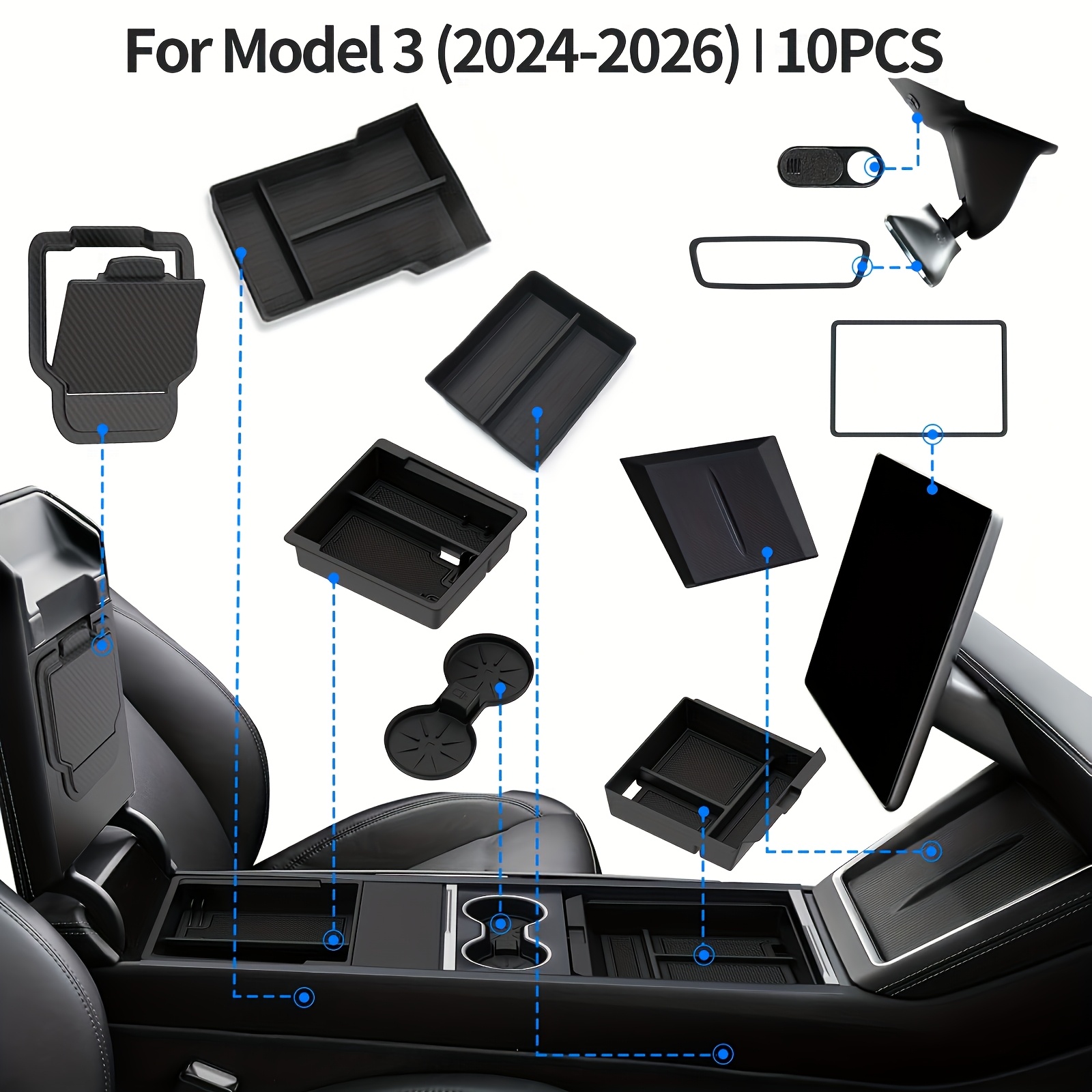 E-shop 10 Stück für TESLA Model 3 (2024-2026) HIGHLAND Konsolen-Organizer-Tablett | Kontrollieren Sie das Konsolen-, Aufbewahrungsbox,