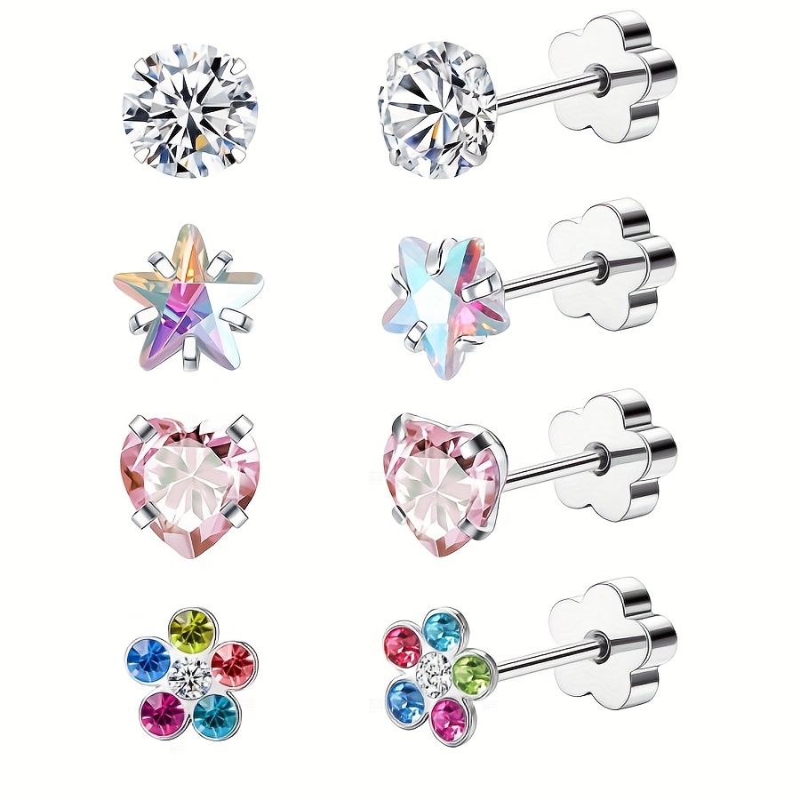 TEMU 4 paires de clous d'oreilles à arrière spiralé, adaptés aux filles et femmes, avec dos plat. Ensemble boucles cartilage fleur ou cœur CZ pour