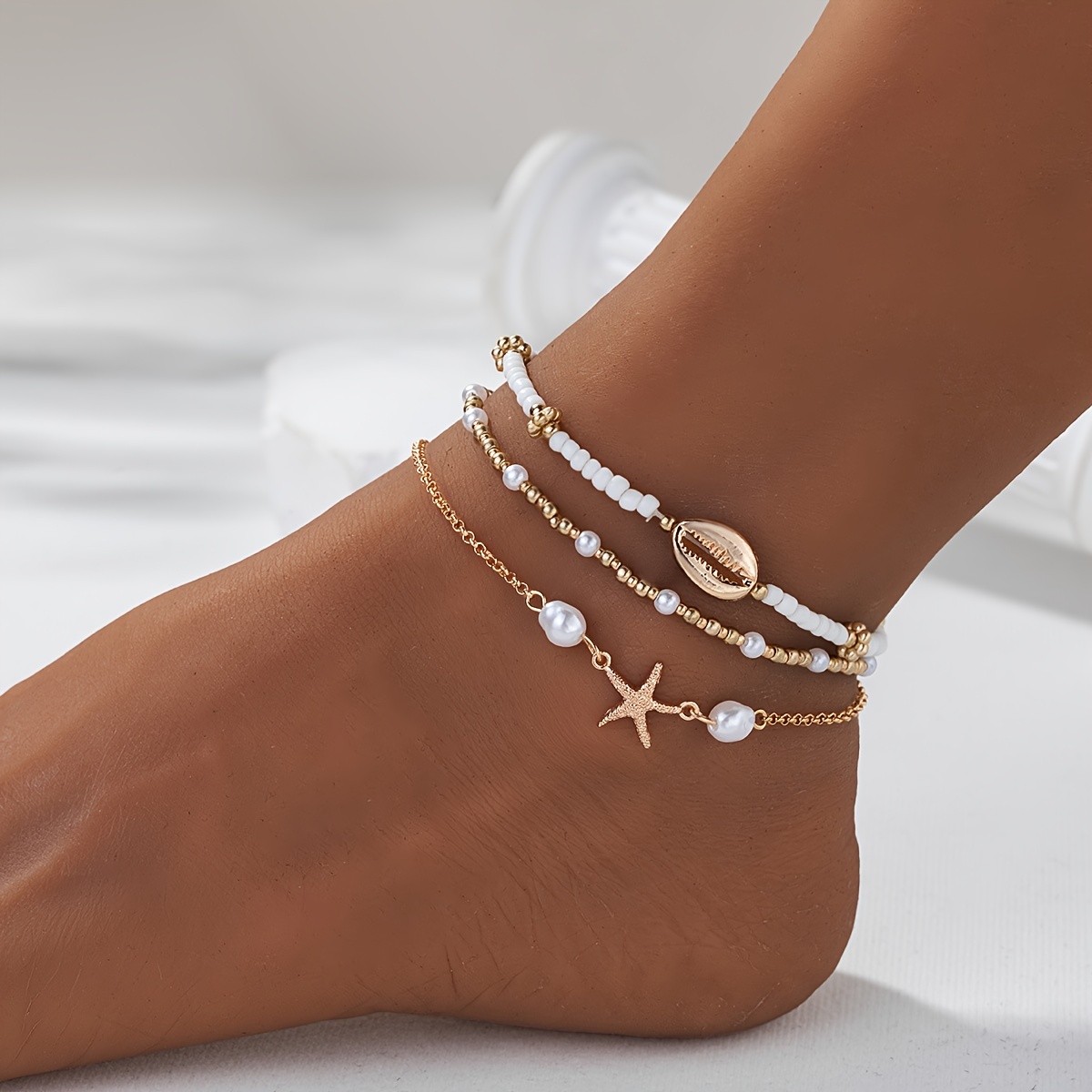 

Beaded Anklet Set For Women, 3-piece Summer Beach Style, Starfish And Shell Charms, Vacation & Daily Wear, Alloy Plating, No Mosaic Season-universal Anklets Collection