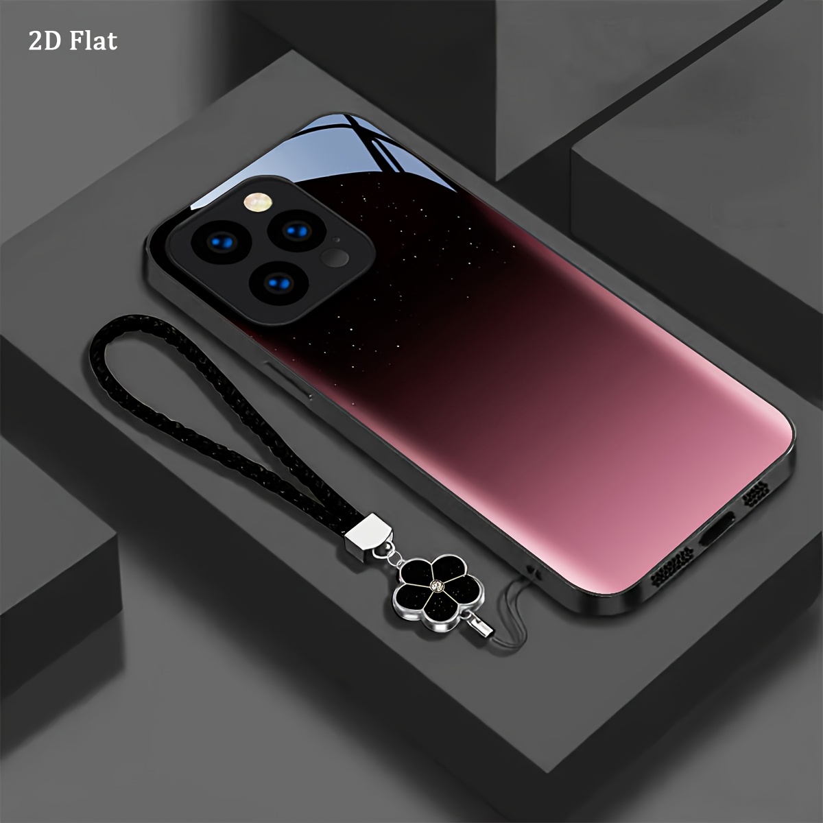 TEMU Phone Case: 2d Flat Obsidian Black Starry Sky Gradient Pink Suitable For Iphone 16 /15/14/13/12/11 Glass Phone Case Lanyard, New Luxury