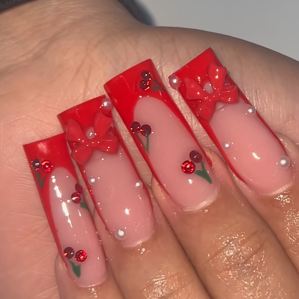 

24pcs Long Square Press-on Nails Set, Mixed Red Tone With , Fruit And Glitter Pattern, With 3d Red Bow, Rhinestones, And Pearls, Includes Nail File And Jelly Glue, For Women And Girls,