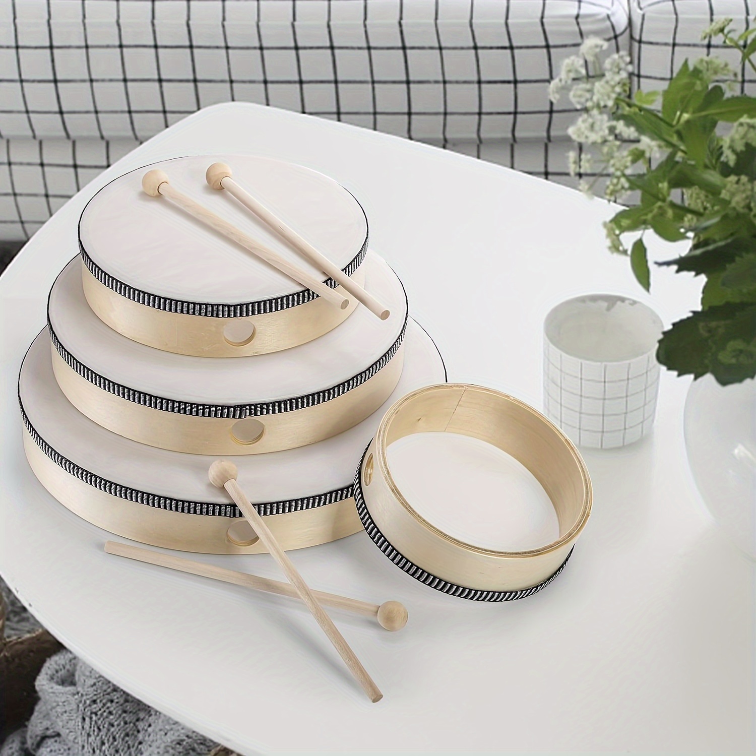 Natural Wooden Hand Drum, White Educational Hand-Held Percussion Instrument Toy with Mallet Included