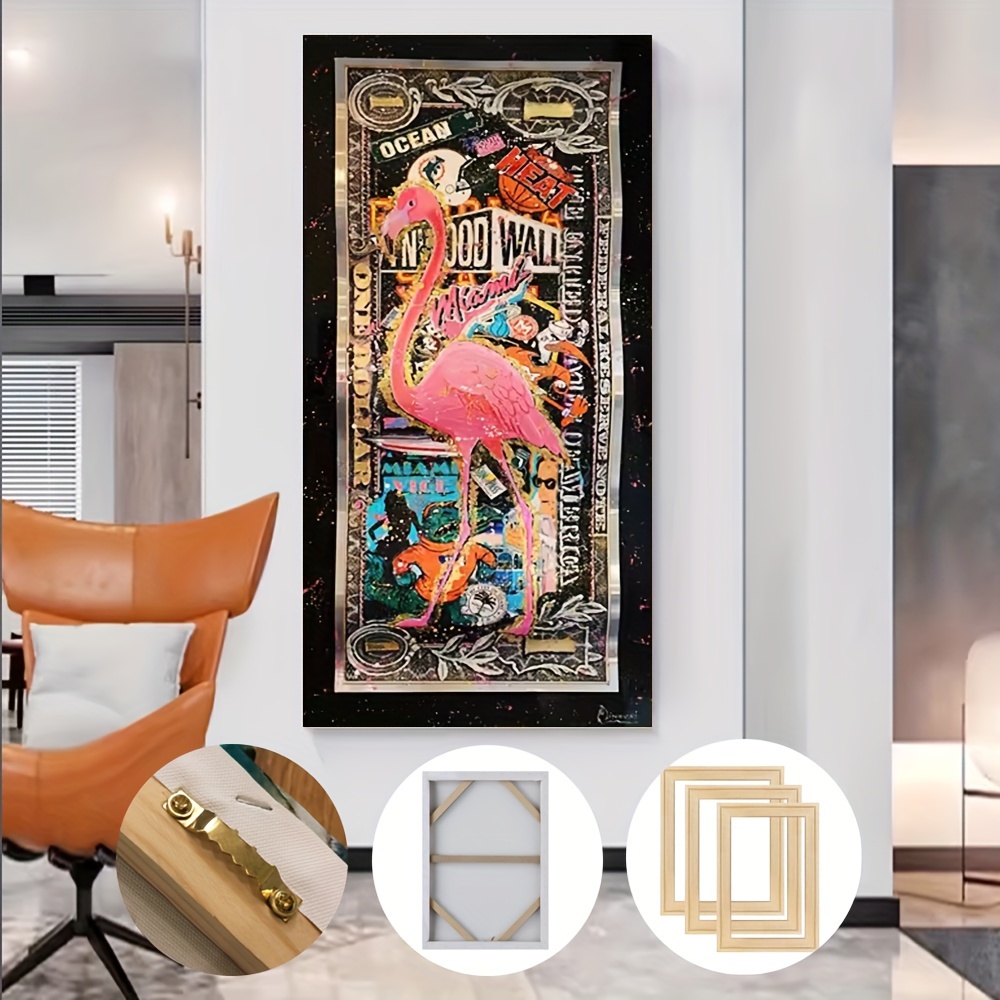 

1pc Framed Graffiti Flamingo On Golden Dollar, Abstract Canvas Art Print Picture, Living Room Bedroom Hallway Home Decor Painting