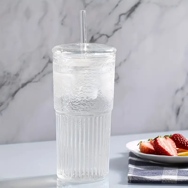 2pcs 22oz 650ml with lid straw straw brush ribbed glass cup reusable wide mouthed smoothie cup thick walled glass iced coffee cup tea cup juice cup a great holiday christmas anniversary housewarming gift for Product details 7