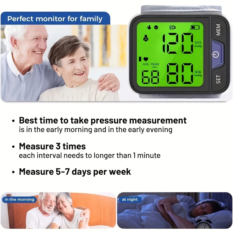   portable wrist blood pressure monitor with voice large tricolor display digital automatic cuff memory storage battery operated   carrying case batteries not included blood pressure monitor for home Product details 4