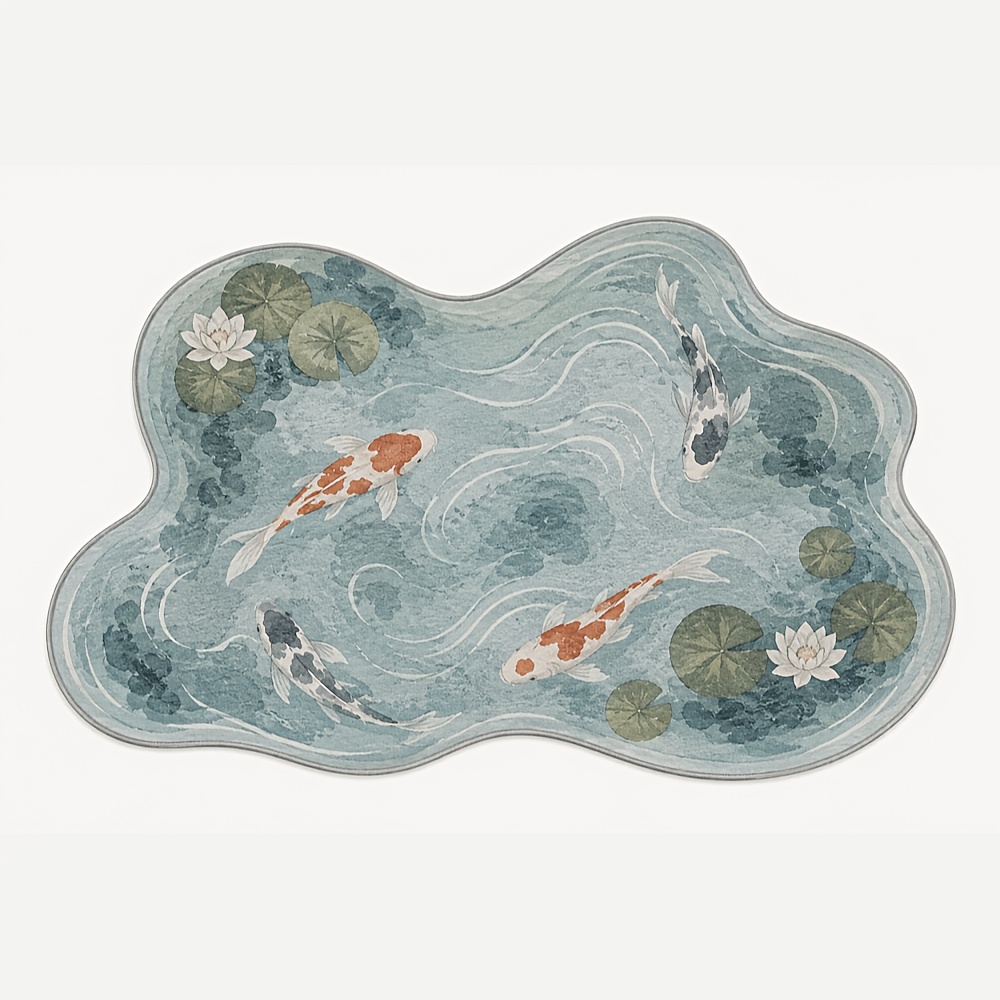 TEMU 1pc Fluffy Velvet Carpet, Aesthetic Water Lily And Koi Fish Pattern Carpet, Washable Non-slip Mat, Suitable For Bathrooms, Entrance , Bedrooms,