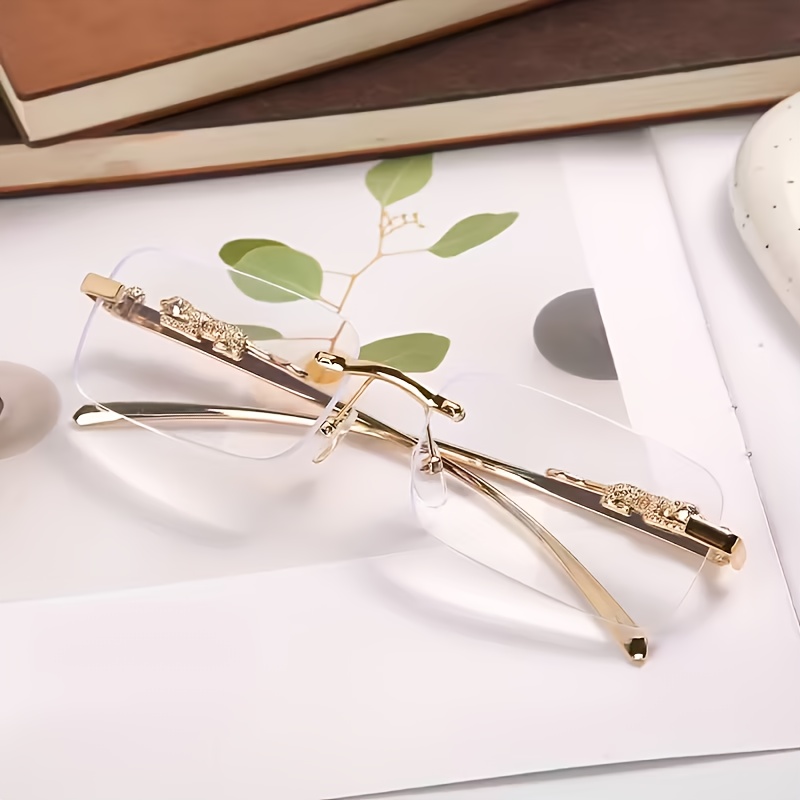 Image of Retro Frameless Square Fashion Glasses - Leopard Print Golden Metal Embellishment, Unisex Color Retro Trendy Glasses, Design, Lightweight Fashion, Trendy Wearing