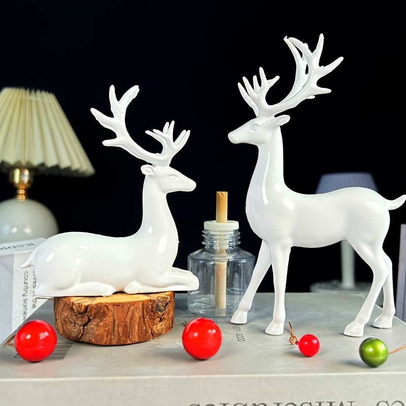 

2pcs Set Of Elegant White Resin Reindeer Figurines - Lifelike Christmas Deer Statues For Decor, Ideal For Living Room, Bedroom, Desktop Shelf - Decorations, Reindeer Christmas Decor