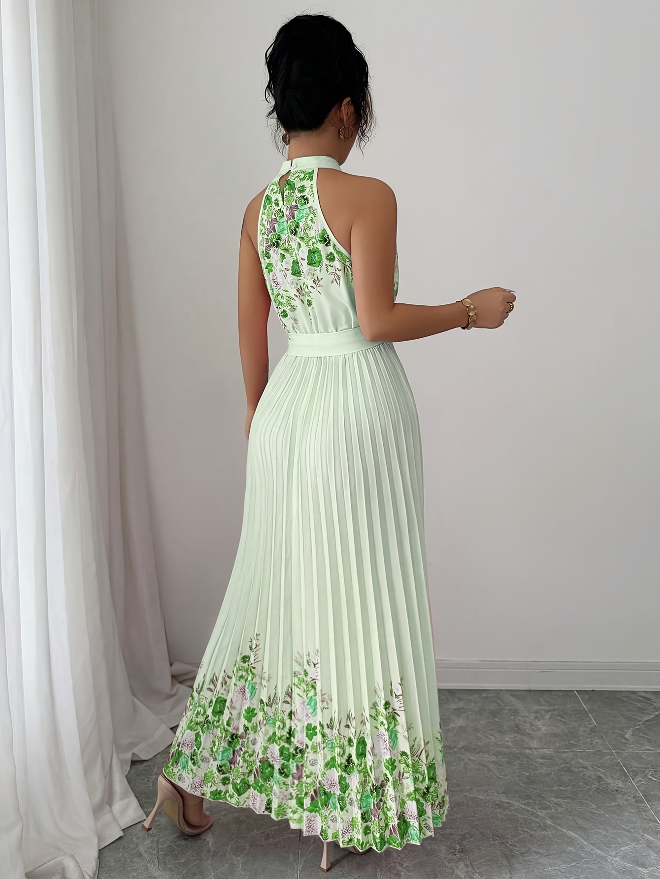 Fashionable New Women'S Summer Halter Floral Print Pleated Dress