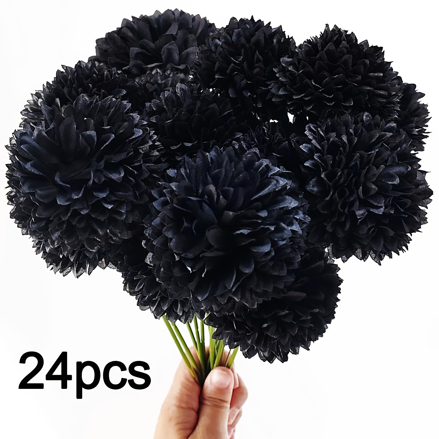 TEMU 24pcs Artificial Chrysanthemum Flowers - Realistic Black Fake With Fabric Petals, 24-bouquet For Halloween, Christmas, Easter, Diwali