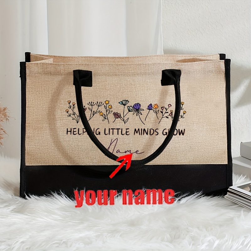 TEMU 1pc Personalized Teacher Pattern Shopping Large Personalized Canvas Beach Bag Monogrammed Gift Custom Name Educators Graduation Gift, Teacher