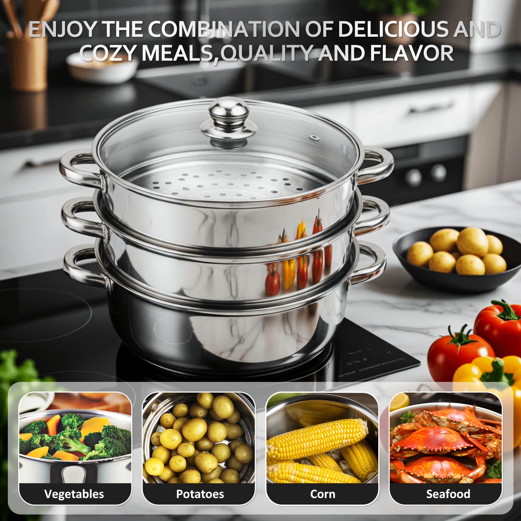TEMU 3-tier Stainless Steel Steamer Pot With Lid, With Steamer Rack And Spoon, Induction Compatible Cookware For Vegetables, Dumplings & Fish,