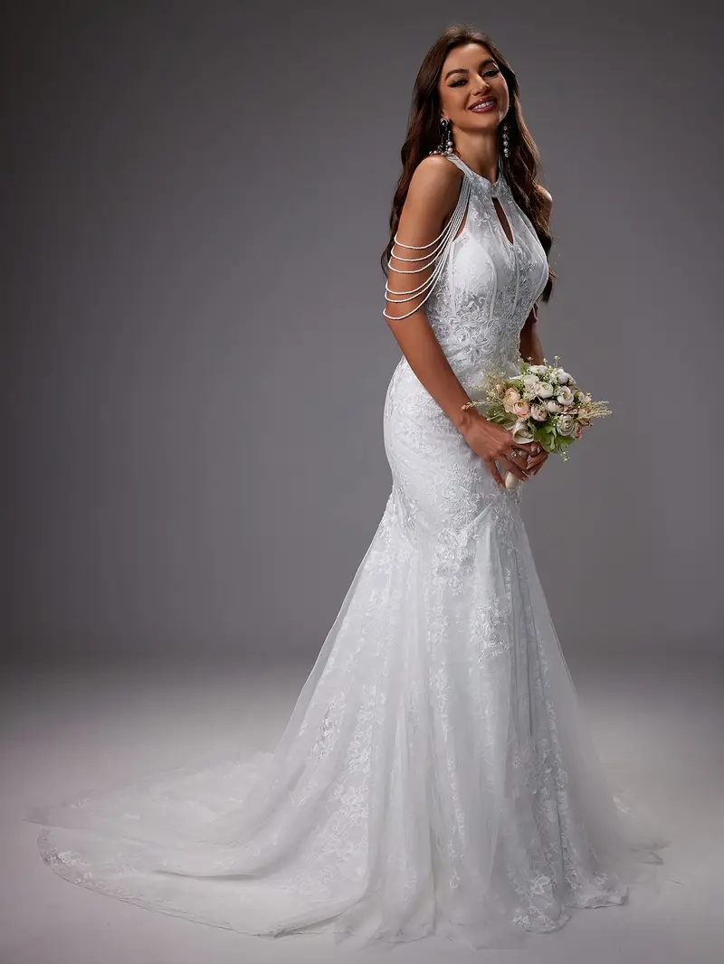 high neck sleeveless lace wedding dress Princess High-Neck Sleeveless Keyhole Knee-Length Lace Tulle Bridal Dress