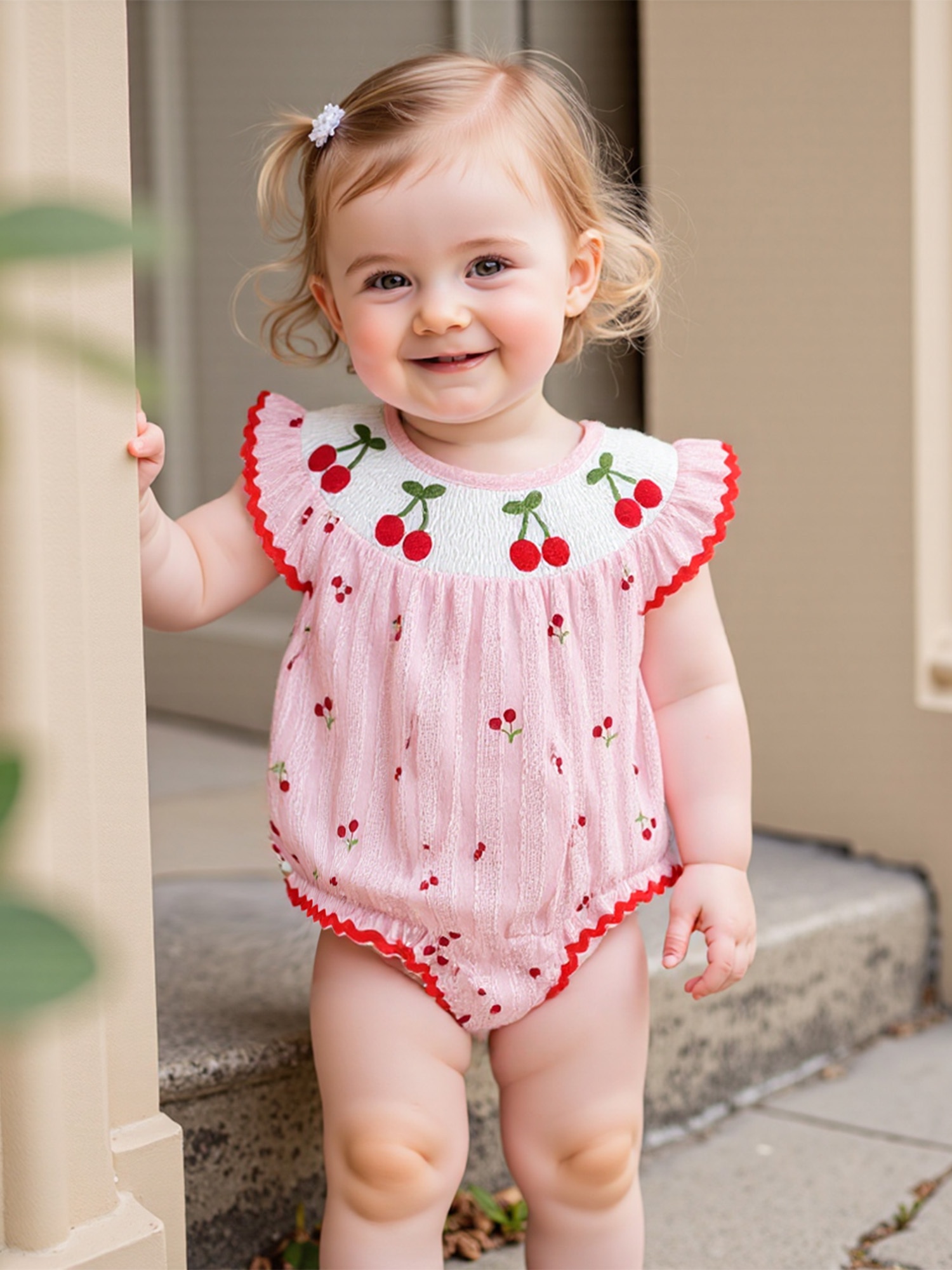 baby girls cherry romper soft pink red trim sleeves Temu Australia