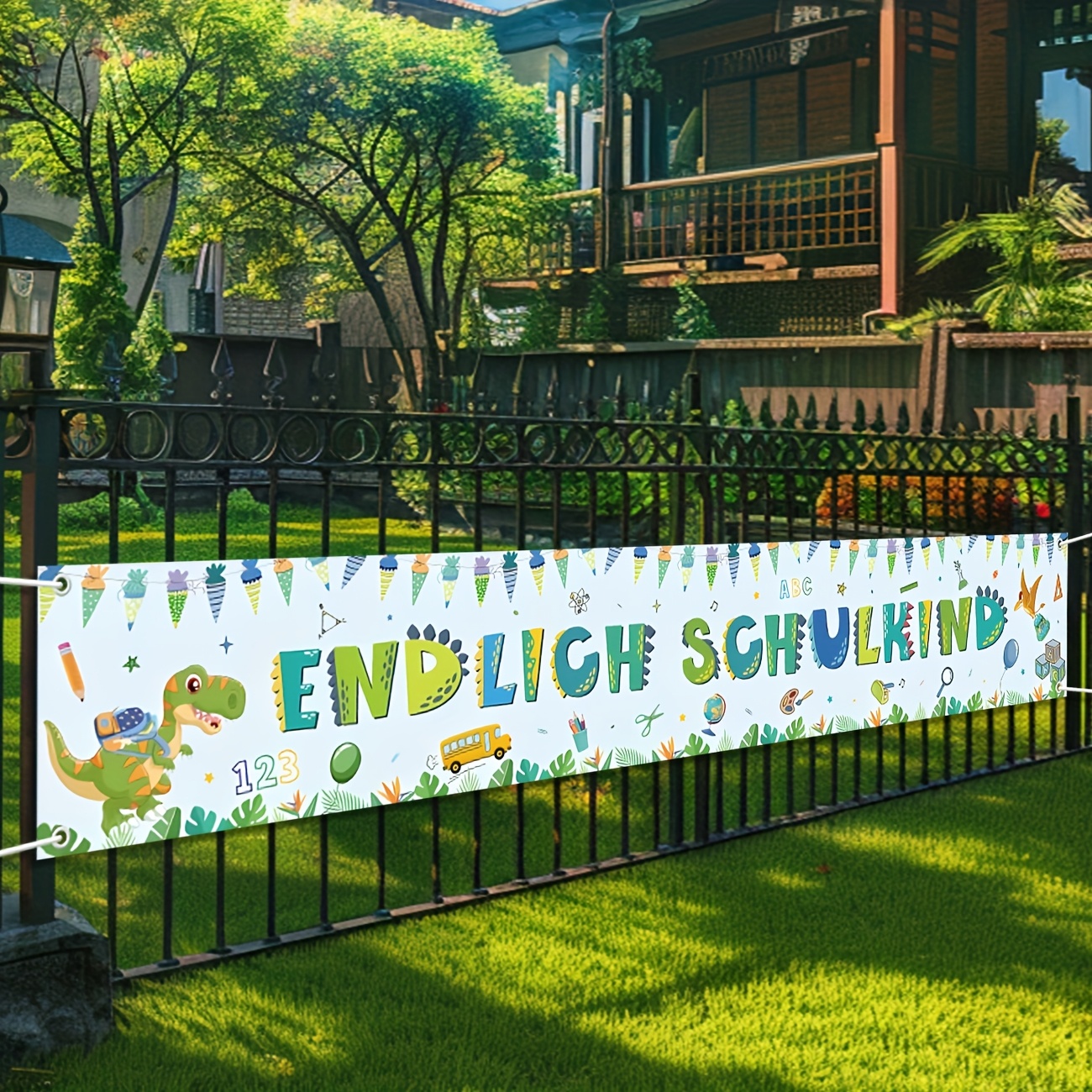E-shop 17x78 Zoll Superlanger Dinosaurier ABC-Banner - " Schulkind" Deutscher Text, Farbenfrohes Dinosaurier- & Schul-Themen-Design, für den Ersten