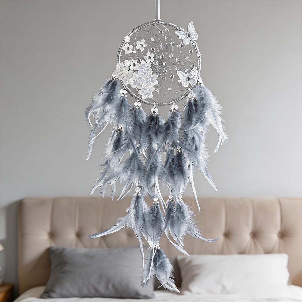 Handmade Silvery Butterfly Floral Grey Gradient Feather Dream Catcher