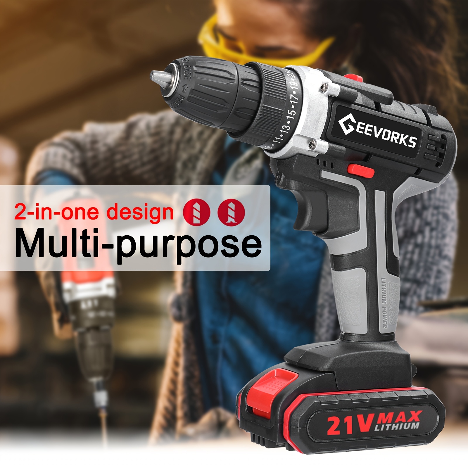 Perceuse sans fil Lixada 21V avec 2 batteries, couple de 28 N.m et 1450 tr/min, perçage électrique au lithium-ion, compacte et légère (816.47g), pour la maison, construction, atelier - Idéale pour projets professionnels et bricolage, outil robuste, design ergonomique, moteur haute performance, rénovation domiciliaire