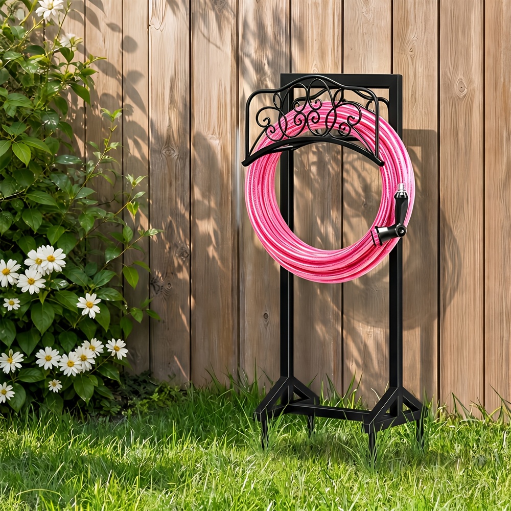 Heavy-Duty Metal Garden Hose Holder Stand with Rust-Resistant Design and Spikes, Freestanding Outdoor Hose Reel Organizer for Up to 150 ft H