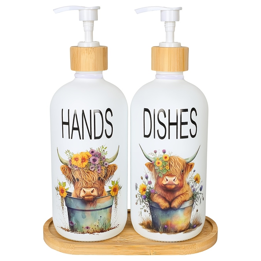 TEMU 2pcs Highland Cow Soap Dispenser With Tray | Farmhouse Cow Floral Plastic Dispenser With Pump, Refillable Liquid Soap Container For Bathroom