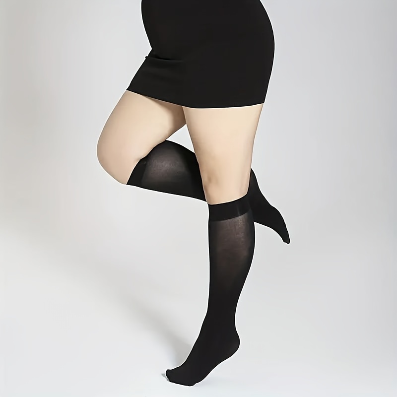 

6pcs Plus Size Black Knee-high Socks For Women - Nylon & Elastane Blend, Stretchy & Breathable, Fashion & Casual Attire