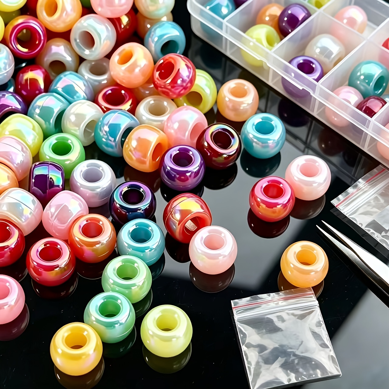 TEMU 128pcs Perles de tube à grand trou en acrylique AB haute brillance de , multicolore, perles de seau à trou pour vêtements, chaussures et