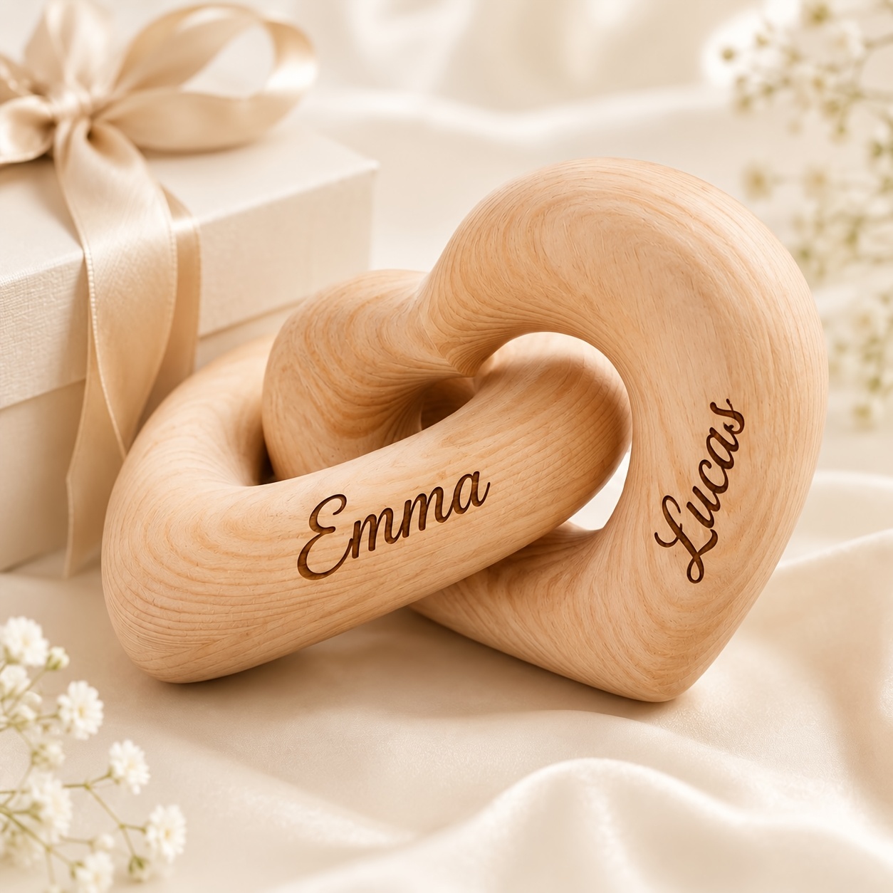 TEMU Personalized Interlocking Wooden Heart Decor, Custom 2 Names 3d Love Knot Sculpture, Romantic Couple Tabletop Keepsake, Wedding Anniversary