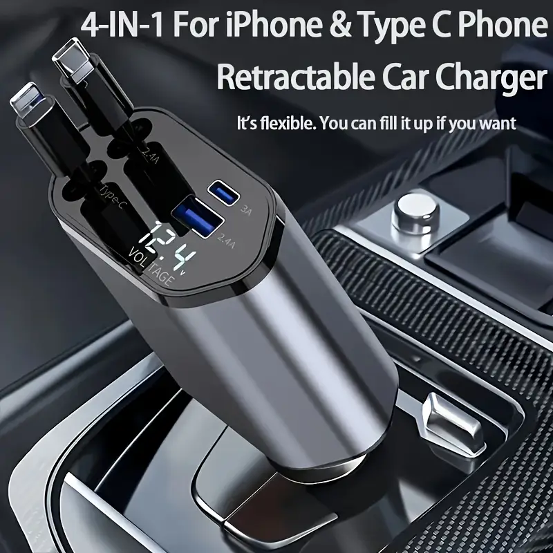 Retractable Car Charger – Fast USB-C/iPhone Compact Adapter