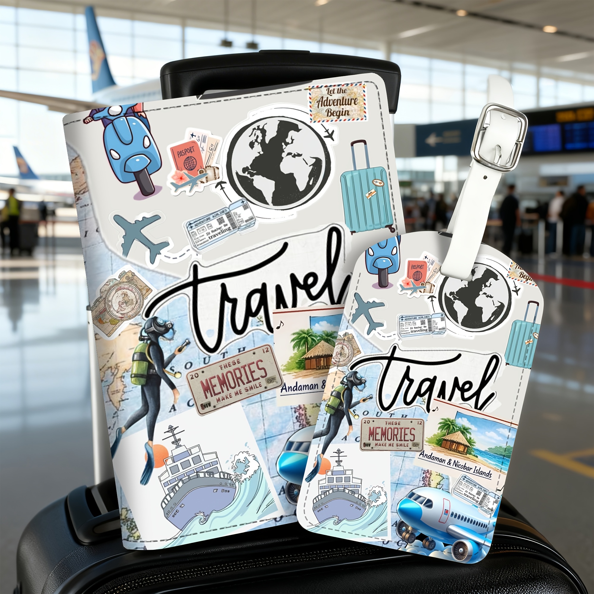 TEMU Ensemble de 2 pièces Carte du Monde de Voyage Valise d'Avion Plongée Croisière Océan Île Motif Porte-Passeport Étiquette de Bagage, Matériau PU