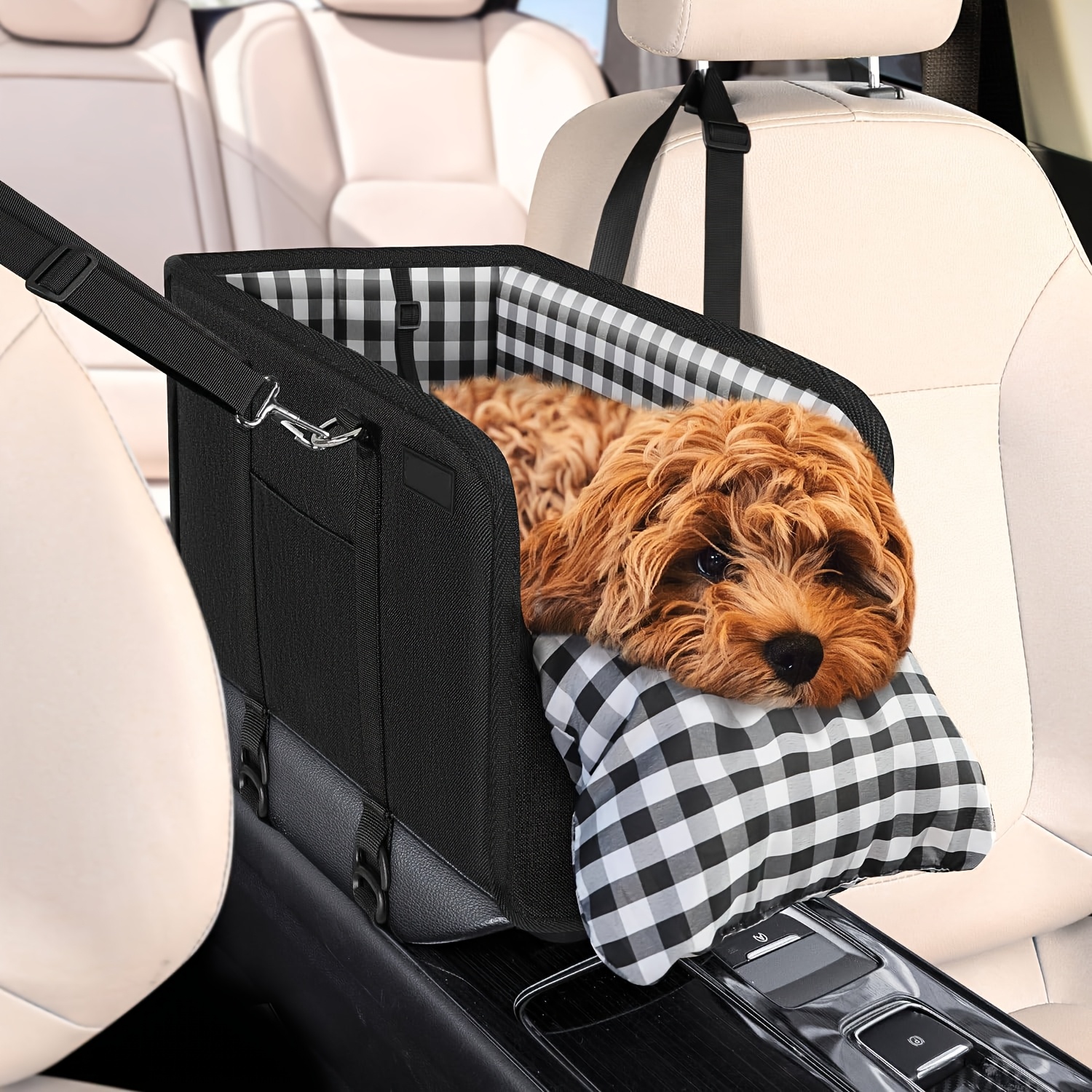 TEMU Console Dog Car Seat - Portable Dogs Armrest Booster Seat For Small Dog, Anti-collapse Pet Car Seat With Soft Cushion Safety Belt, Support To