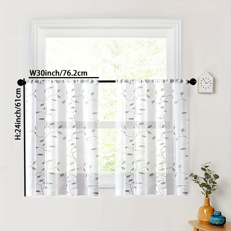Image of 1/2pcs Home Decorative Sheer Curtain Leaves Sheer Tier Curtain Taupe Leaf Embroidery Kitchen Half Curtains Rod Pocket Linen Embroidered Leaves Curtain For Home Decor