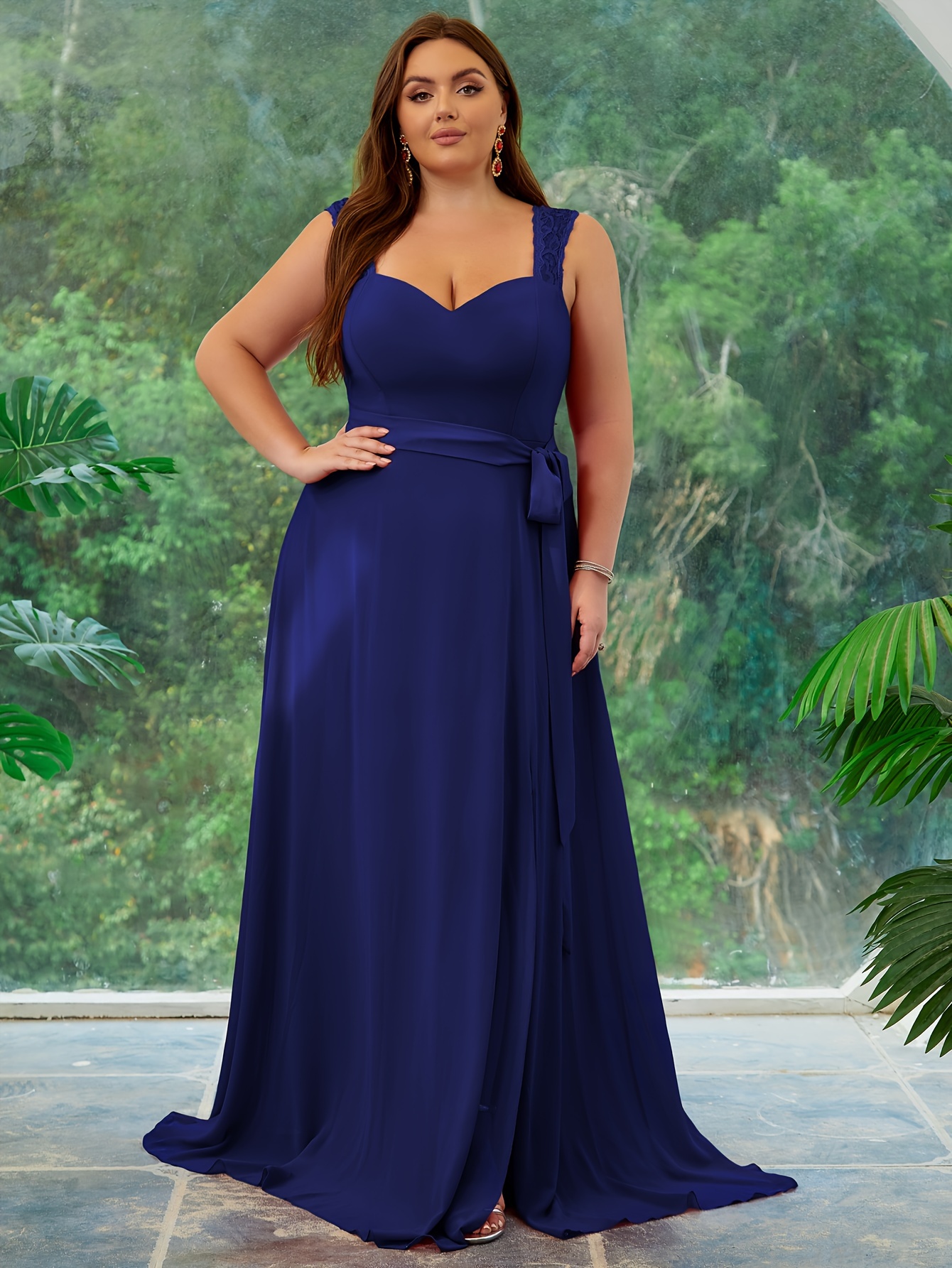 high slit dress plus size Poly USA W1114 Plus Size Fitted V-Neck Slit Gown
