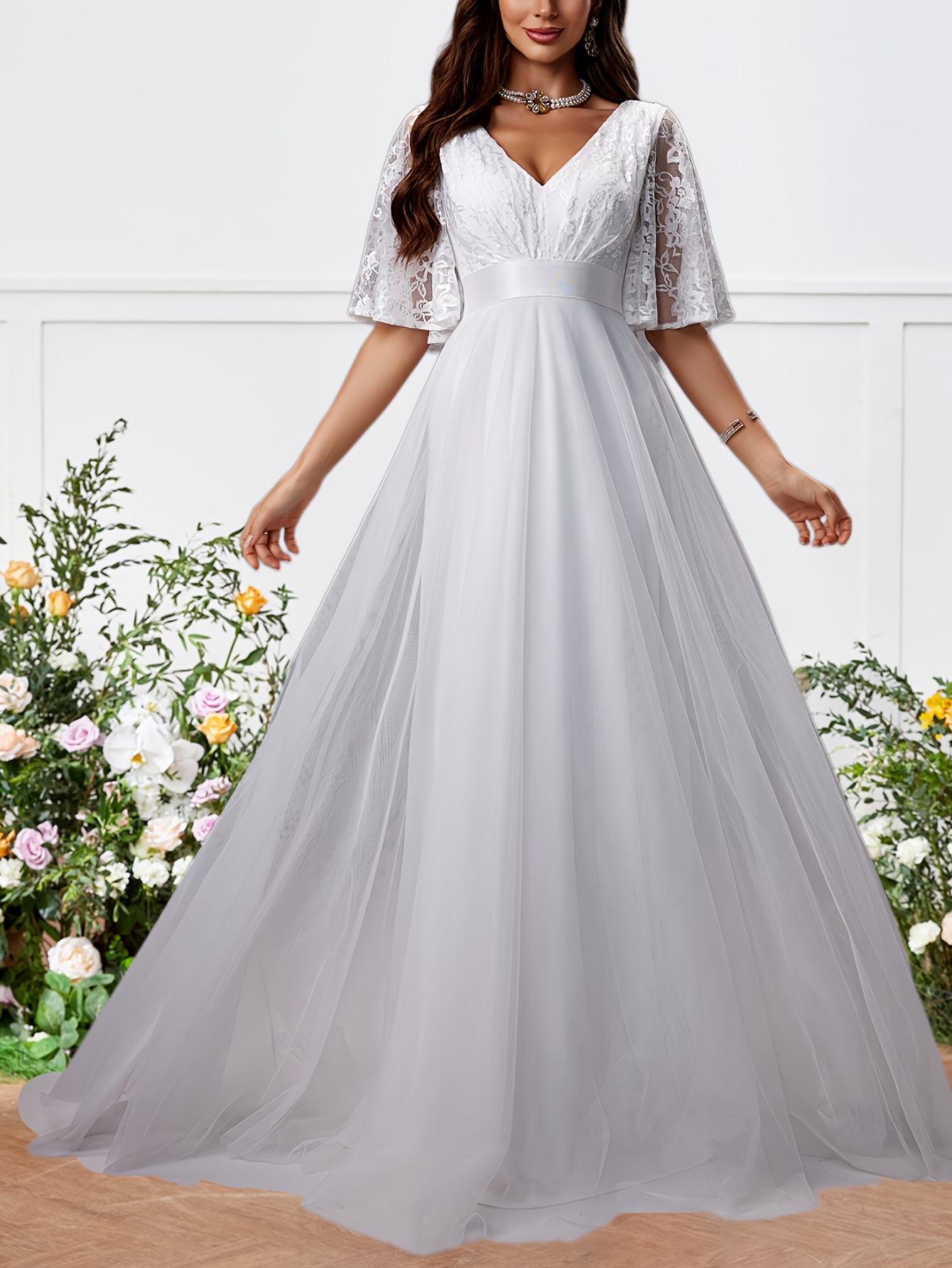 knee length dresses for ladies Long Batwing Sleeves Lace Sweetheart Bridal Gowns – TANYA BRIDAL main image 0