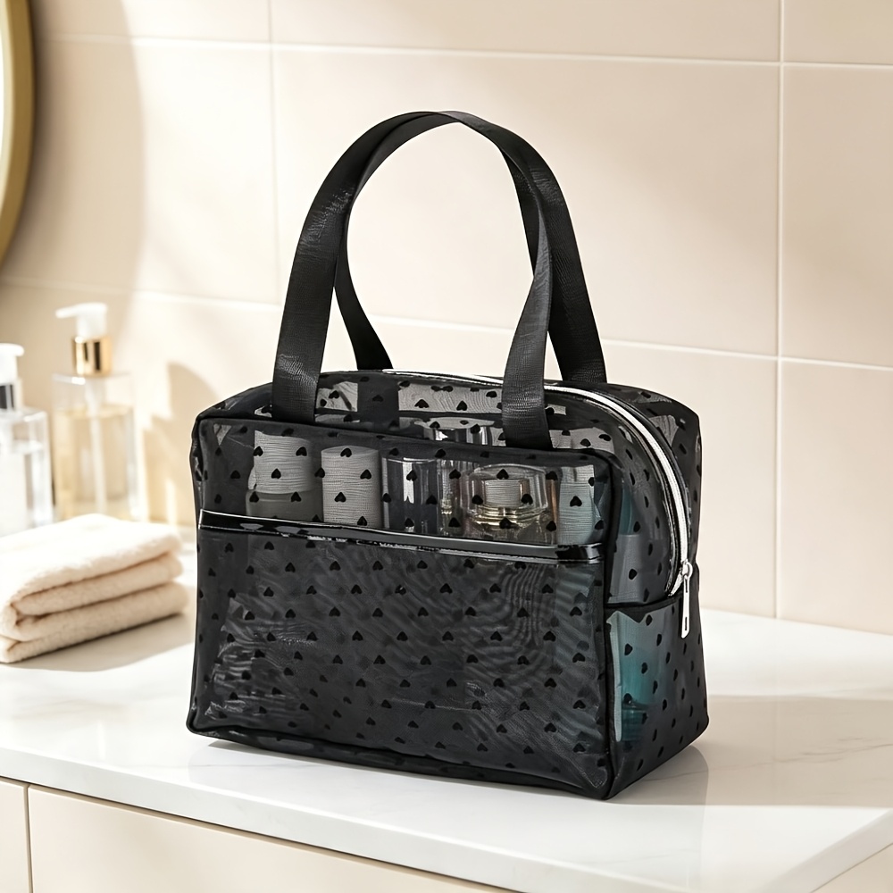 TEMU Portable Mesh Travel Makeup Bag, Leopard Print/heart Pattern Clear Toiletry Bag, Large Capacity Travel Shower Makeup Organizer