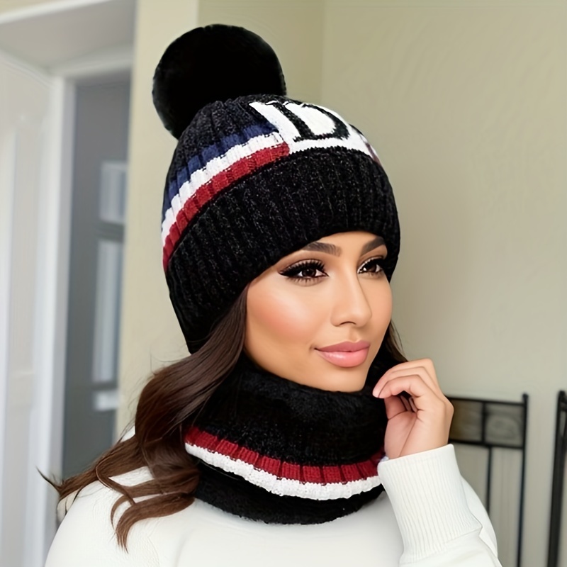 

Women's Winter Hat & Scarf Set - Warm, Knit Beanie With Pom Poms And Stretchy Neck Warmer