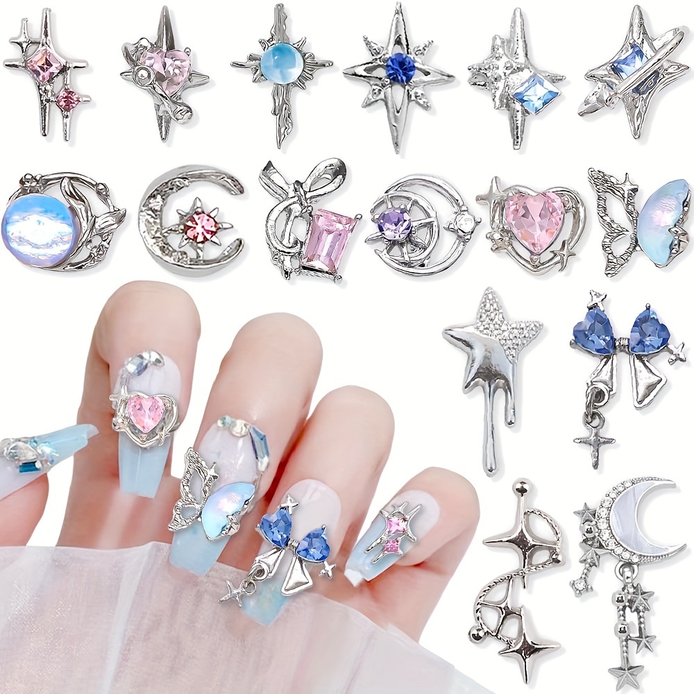 

16pcs/set Luxury Acrylic Star & Moon Nail Charms With Rhinestones, Alloy 3d Bowknot Silver Nail Pendants, Y2k Nail Art Accessories, For Nail Art Supplies