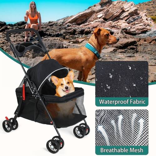 -20 Outdoor Foldable Pet er Suitable for Small Dogs with Practical Cup Holder Panoramic Breathable Mesh Silent Bearing Solid Car Portable Dual- Travel Hand Cart