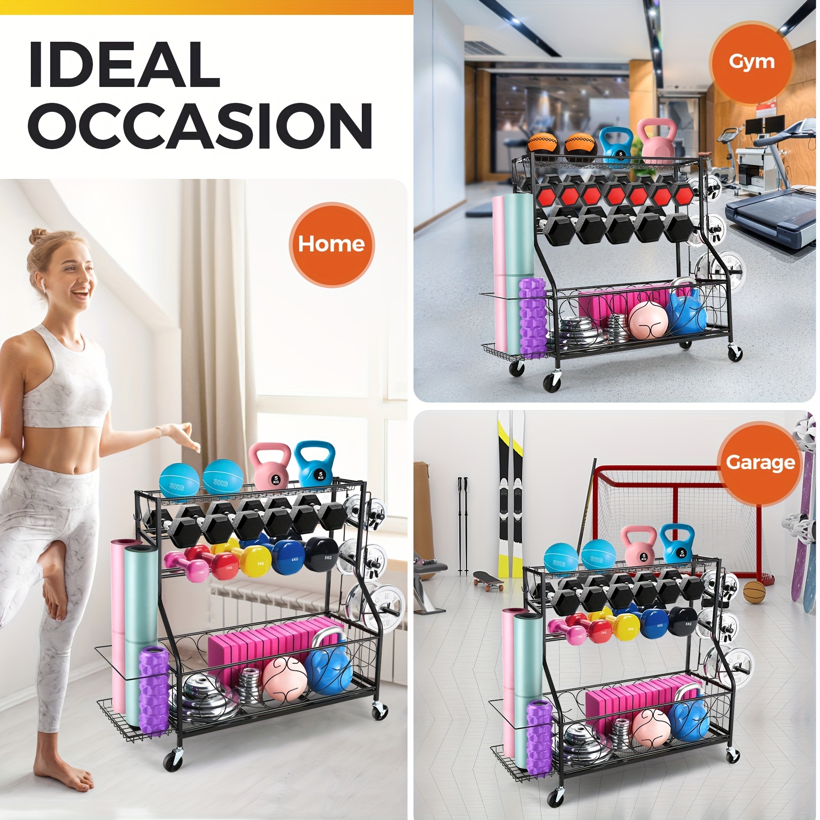 

Weight Rack For Dumbbells, Home Gym Storage For Dumbbells Kettlebells Yoga Mat And Balls, All In 1 Workout Storage With Wheels And Hooks, Powder Coated Finish Steel