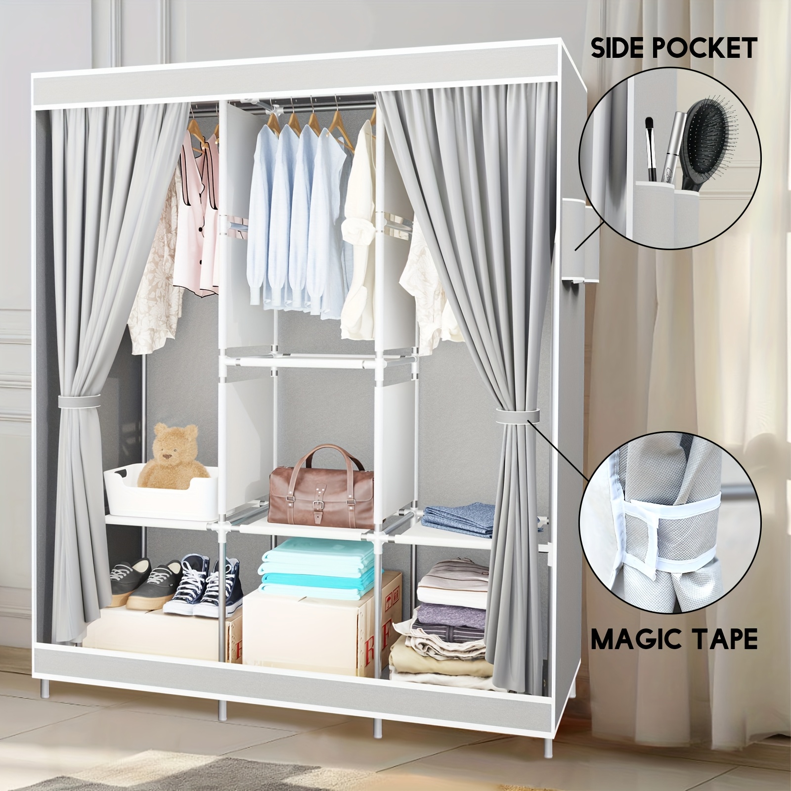 TEMU Wardrobe Closet, Portable Clothing Rack For Hanging Clothes, Free Standing Closet Organizers And Storage System With 4 Tiers Shelves For Bedroom, Silver Gray, Portable Closets
