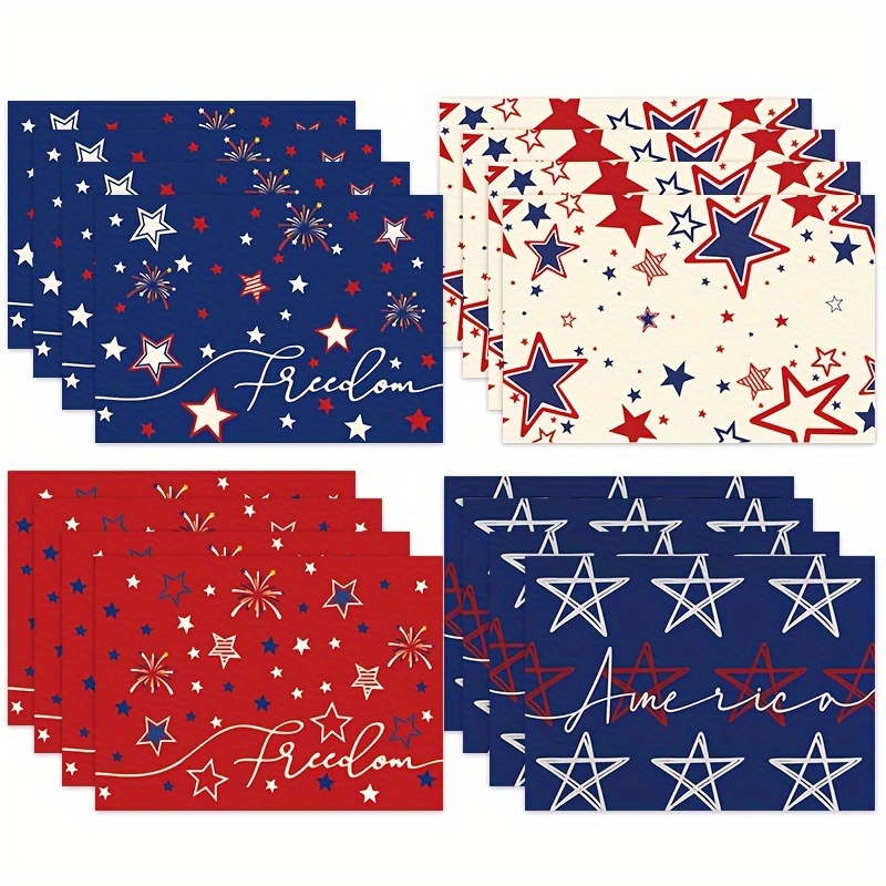 

4pcs, Table Pads, Linen Placemats With Colorful Stars Design, Patriotic Table Decor For Dining & Kitchen, Washable And Reusable Place Mats For Home, Party Decoration