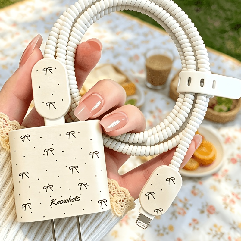 TEMU Five-piece Black Bowknot Pu Plaid New For 20w Charger Protective Case Data Cable Protective Case Suitable For Iphone 17/16/15/14 Winding Rope