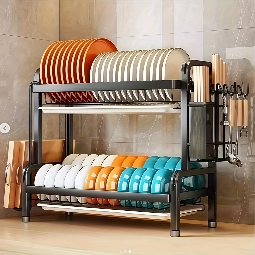 Image of 1pc Large Kitchen Double-layer Storage Rack, Fast Drainage Storage, With Knife And Fork Rack, Cutting Board Rack, Countertop - Multifunctional Utensil Rack, Suitable For Bowls, Plates And Cutlery