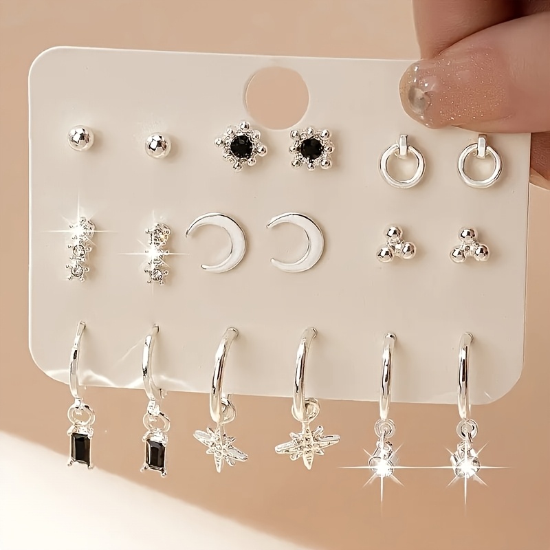 TEMU 9 Paar/Set Einfache, Moderne Exquisite Stern-, Mond-, Geometrische, Niedliche Akademische Damen-Ohrstecker Ohrring-Set, Ideal zum Verschenken