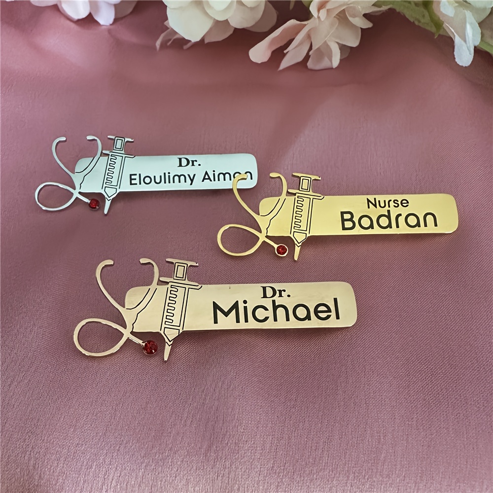 

Customizable And Doctor Name Badge Brooch Pins - 18k Gold Plated, Simple Style With Artificial Crystal, 304 Stainless Steel, Ideal For Daily Wear & Gift-giving, Perfect For International Nurses Day