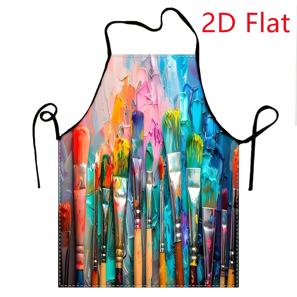 TEMU Tablier imprimé 2D plat 1pc avec palette de peinture abstraite - Design tourbillonnant coloré avec pinceaux et , tissu en polyester durable