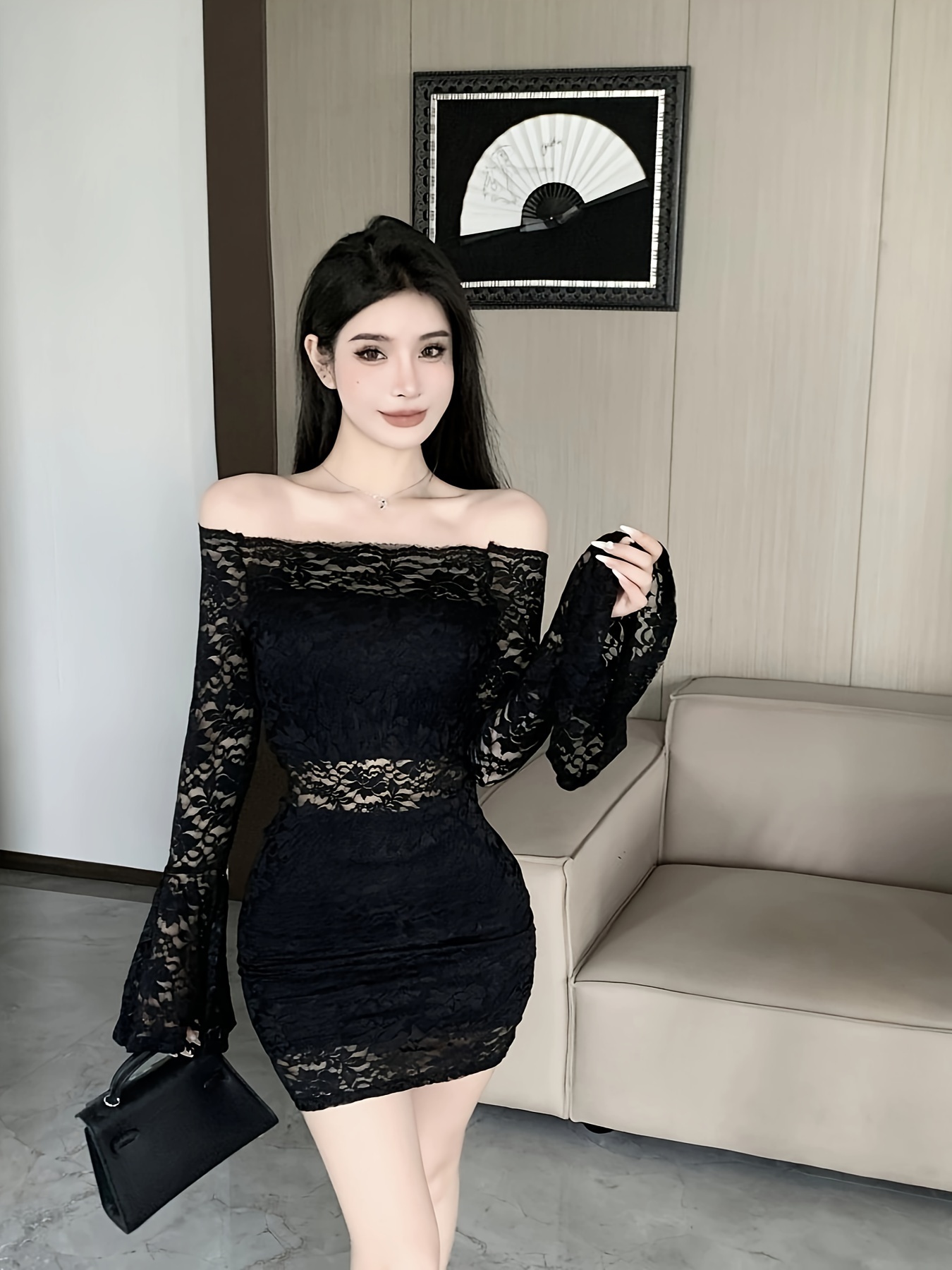 Women's Off-Shoulder Lace Long Sleeve Bodycon Mini Dress Flared Sleeves  Semi-Sheer Design, Stretchy Fabric for Versatile Wear